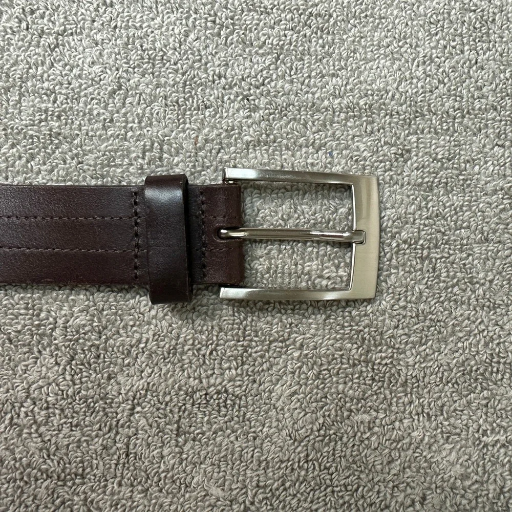 Genuine Leather Dark Brown Double Stitched Dress Belt Size 44 Silver Buckle